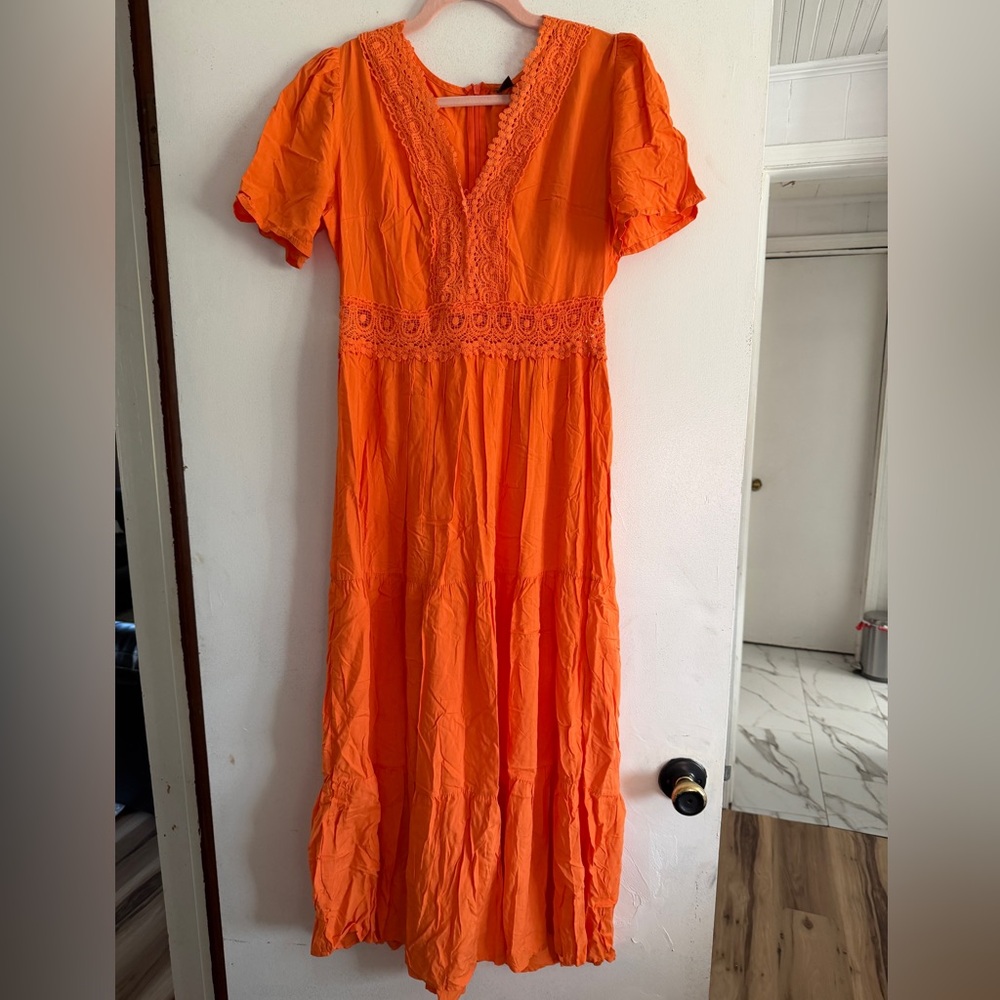 SHEIN Bright Orange Lace-Trim Maxi Dress